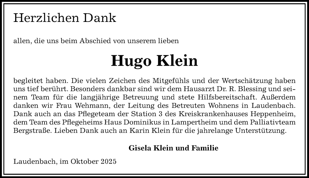  Traueranzeige für Hugo Klein vom 18.10.2025 aus Starkenburger Echo