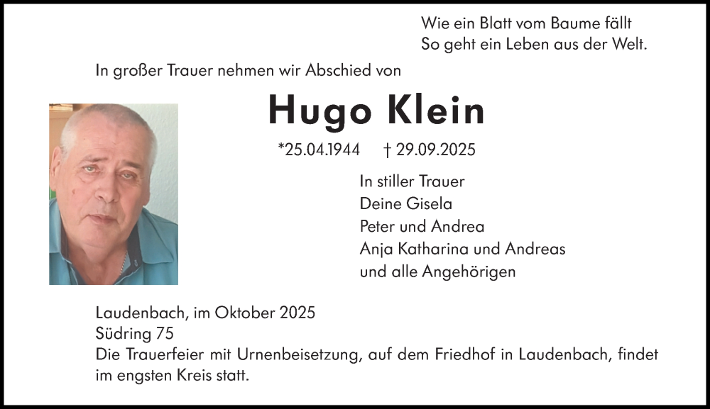  Traueranzeige für Hugo Klein vom 04.10.2025 aus Starkenburger Echo