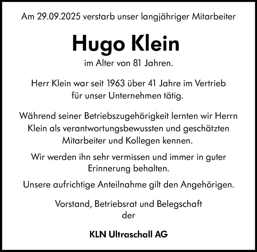  Traueranzeige für Hugo Klein vom 08.10.2025 aus Starkenburger Echo