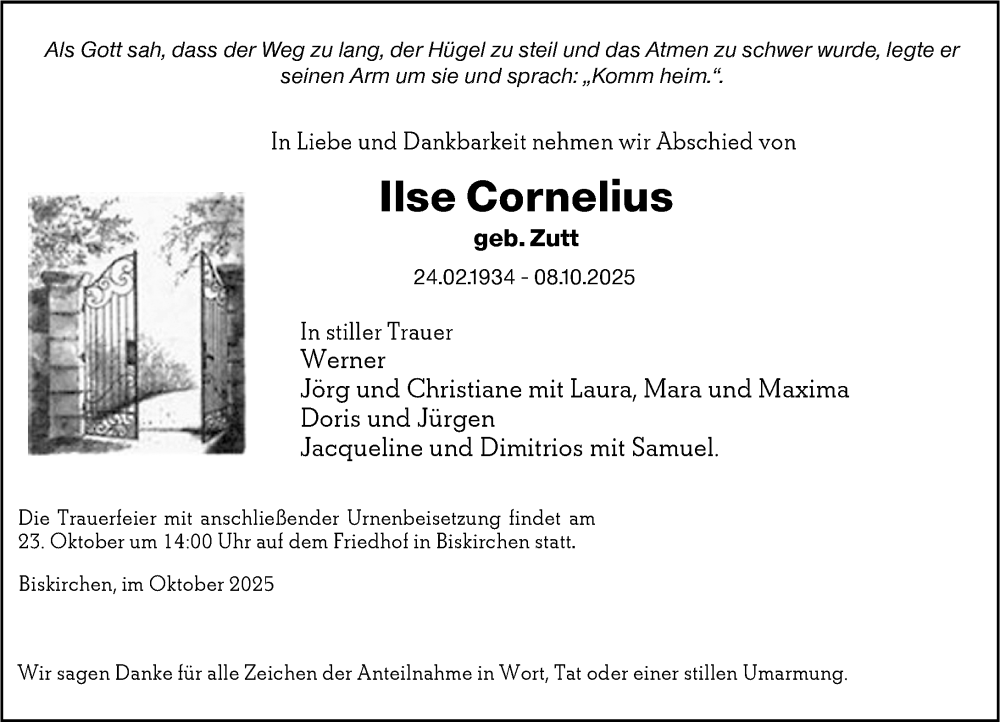  Traueranzeige für Ilse Cornelius vom 22.10.2025 aus Wetzlarer Neue Zeitung