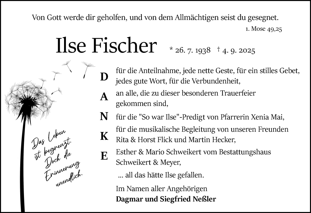  Traueranzeige für Ilse Fischer vom 04.10.2025 aus Odenwälder Echo