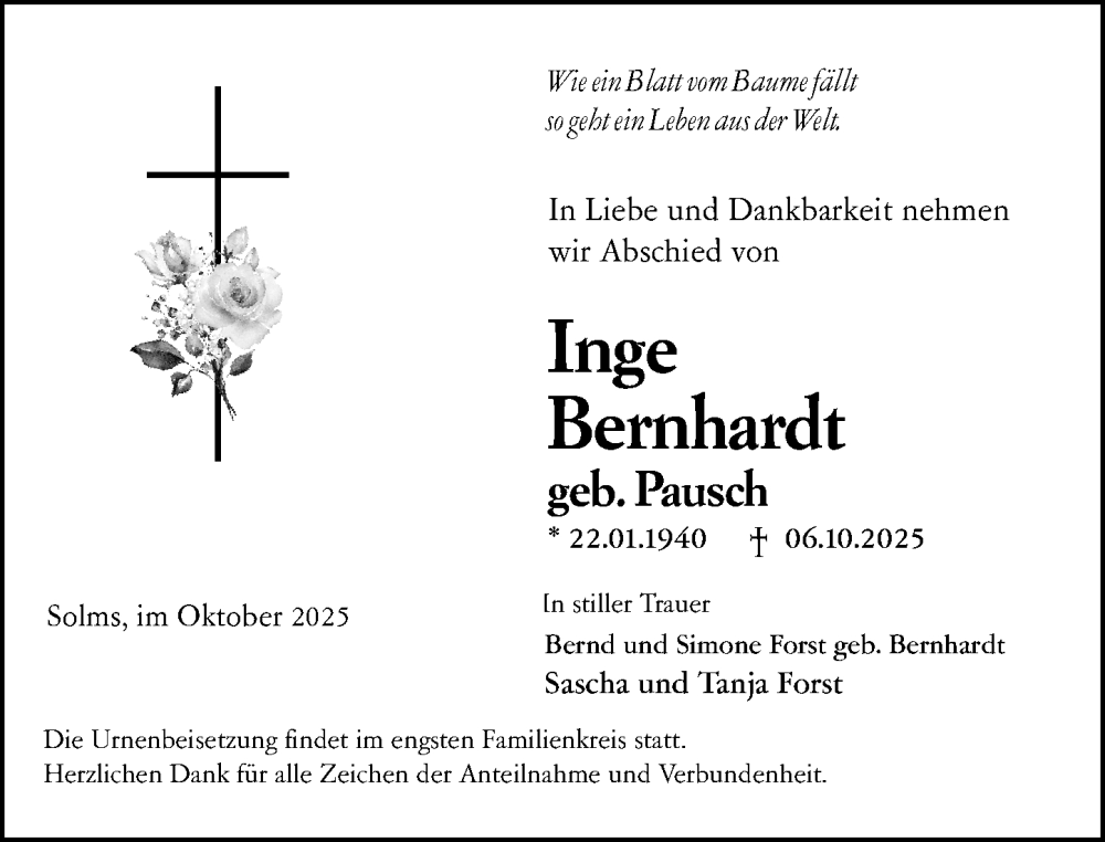  Traueranzeige für Inge Bernhardt vom 17.10.2025 aus Wetzlarer Neue Zeitung