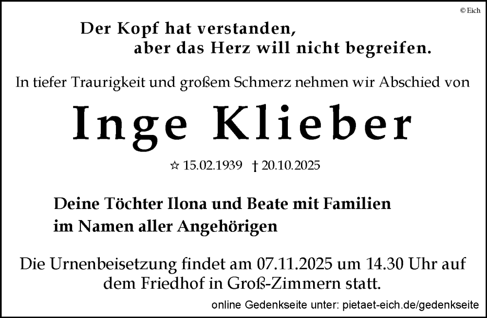  Traueranzeige für Inge Klieber vom 01.11.2025 aus Dieburger Anzeiger/Groß-Zimmerner Lokal-Anzeiger