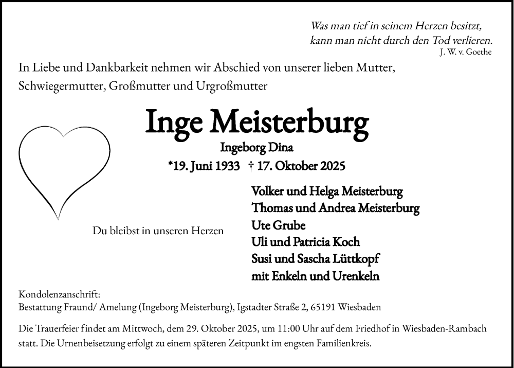  Traueranzeige für Inge Meisterburg vom 25.10.2025 aus Wiesbadener Kurier