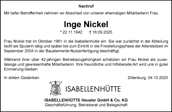Traueranzeige von Inge Nickel von Dill Block