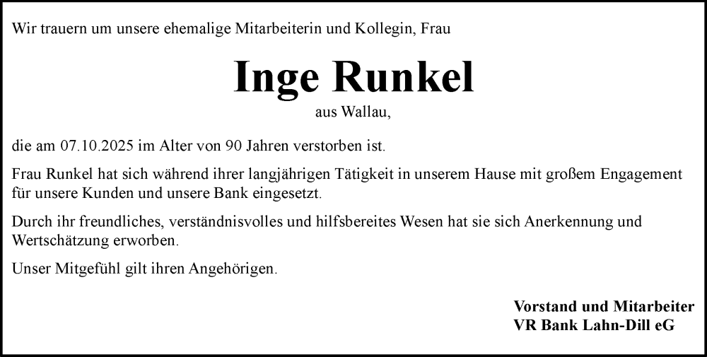  Traueranzeige für Inge Runkel vom 23.10.2025 aus Hinterländer Anzeiger