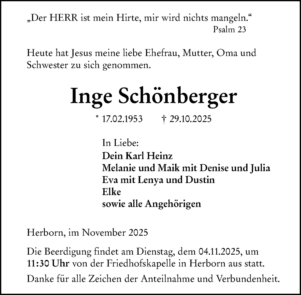  Traueranzeige für Inge Schönberger vom 01.11.2025 aus Dill Block