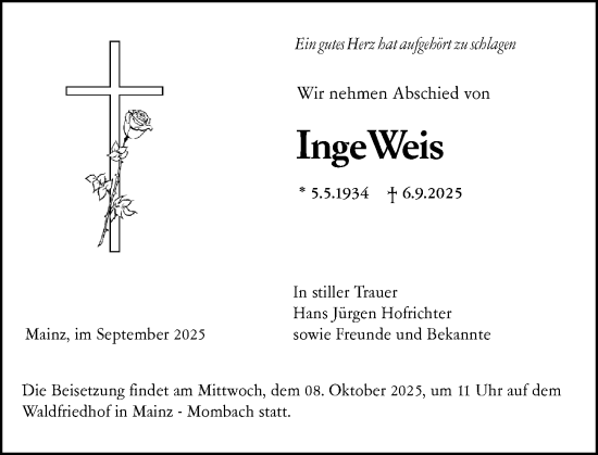 Traueranzeige von Inge Weis von Allgemeine Zeitung Mainz
