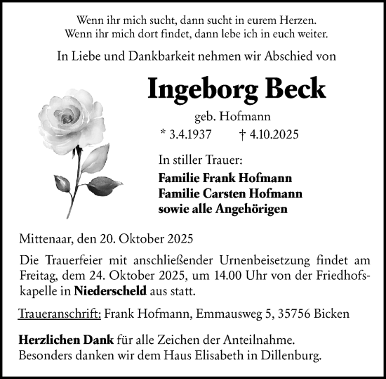 Traueranzeige von Ingeborg Beck von Dill Block