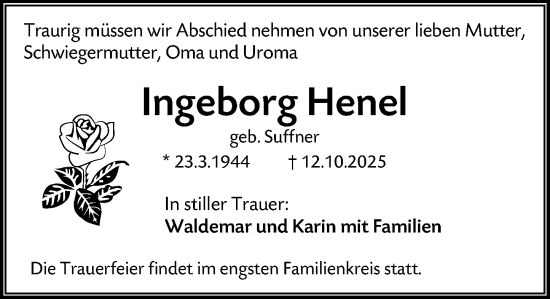 Traueranzeige von Ingeborg Henel von Wiesbadener Kurier