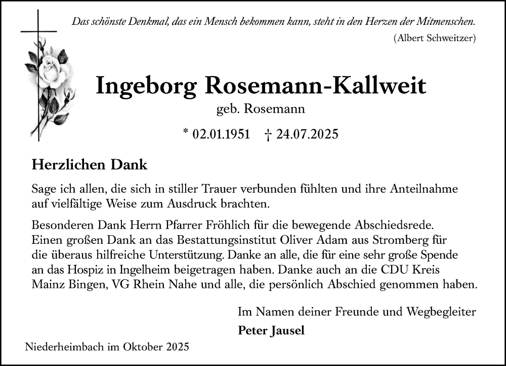  Traueranzeige für Ingeborg Rosemann-Kallweit vom 31.10.2025 aus Allgemeine Zeitung Rheinhessen-Nahe