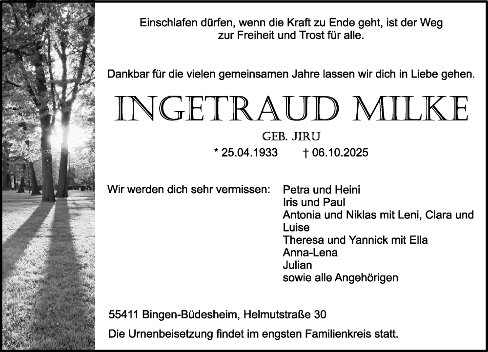  Traueranzeige für Ingetraud Milke vom 18.10.2025 aus Allgemeine Zeitung Rheinhessen-Nahe