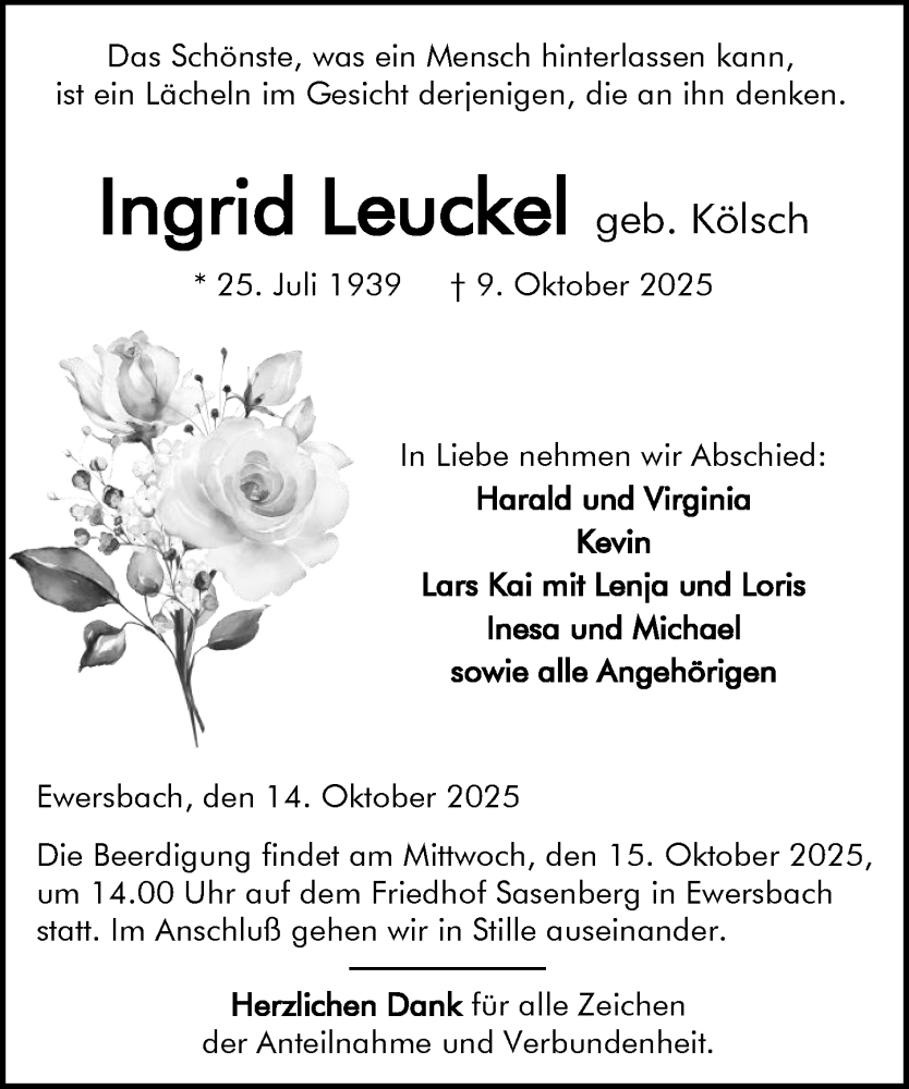  Traueranzeige für Ingrid Leuckel vom 14.10.2025 aus Dill Block