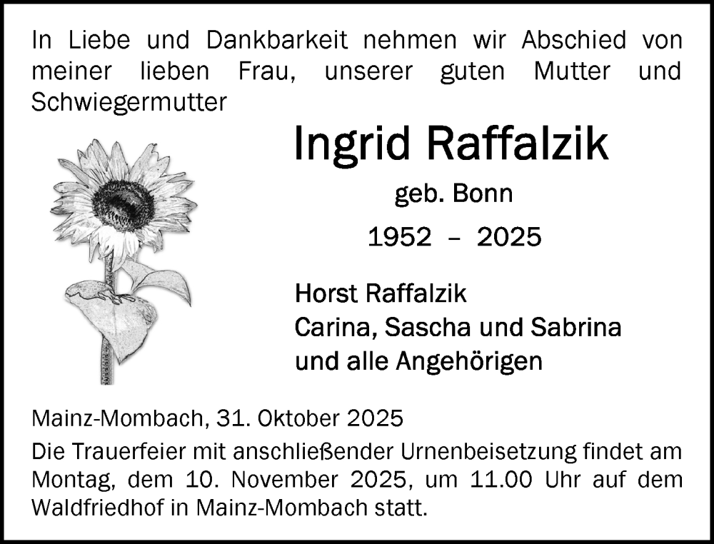  Traueranzeige für Ingrid Raffalzik vom 31.10.2025 aus Allgemeine Zeitung Mainz