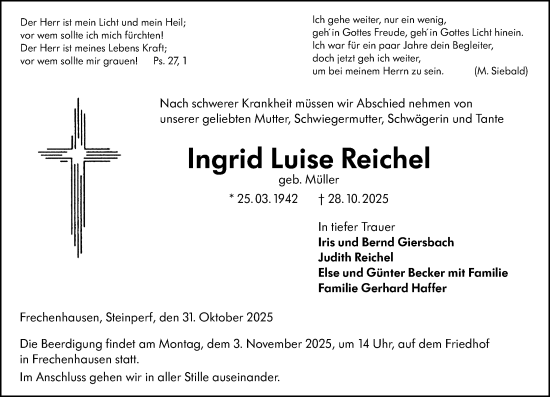 Traueranzeige von Ingrid Luise Reichel von Hinterländer Anzeiger