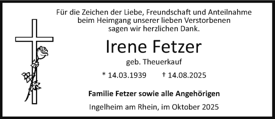 Traueranzeige von Irene Fetzer von Allgemeine Zeitung Rheinhessen-Nahe