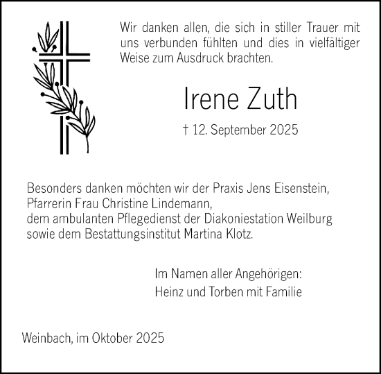 Traueranzeige von Irene Zuth von Weilburger Tageblatt