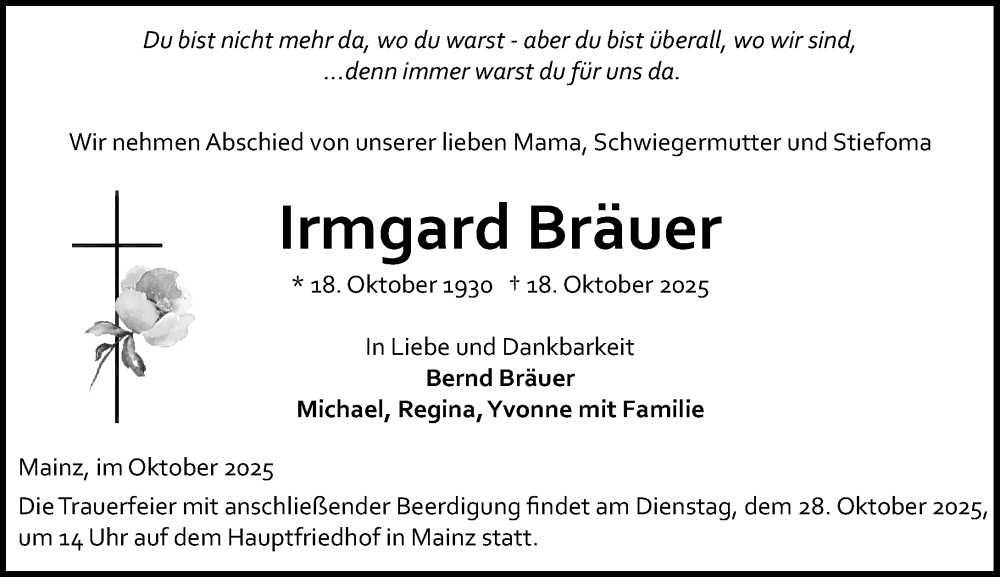  Traueranzeige für Irmgard Bräuer vom 25.10.2025 aus Allgemeine Zeitung Mainz