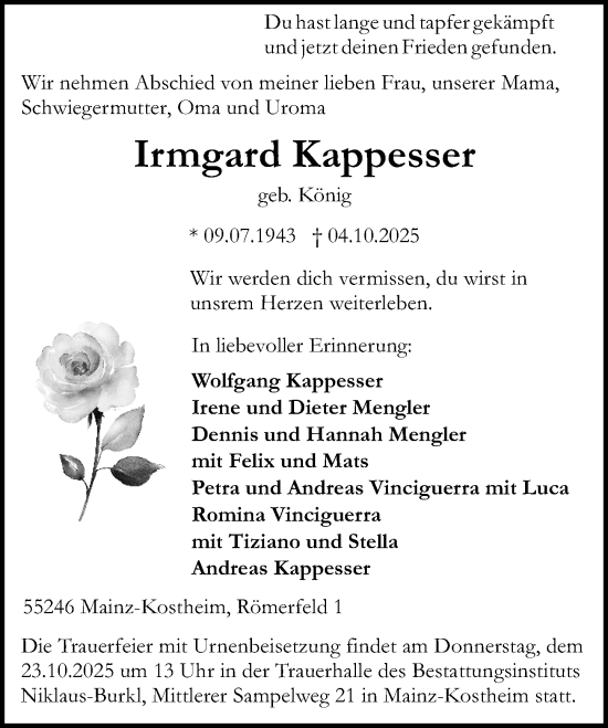 Traueranzeige von Irmgard Kappesser von Allgemeine Zeitung Mainz