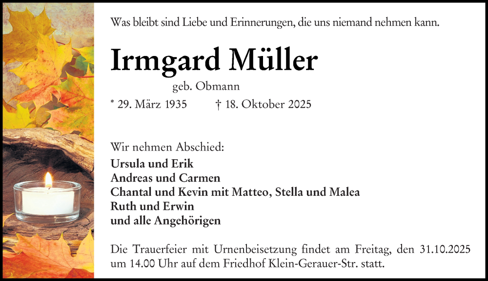  Traueranzeige für Irmgard Müller vom 25.10.2025 aus Groß-Gerauer Echo