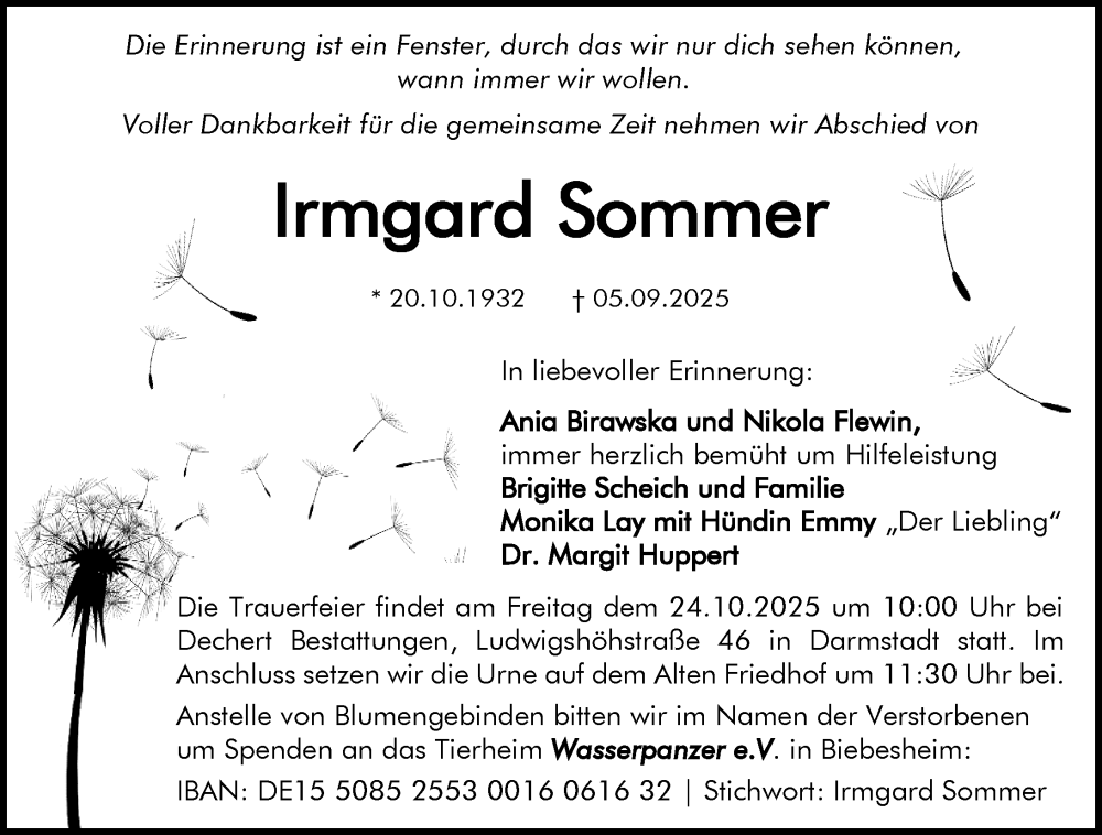  Traueranzeige für Irmgard Sommer vom 18.10.2025 aus Odenwälder Echo