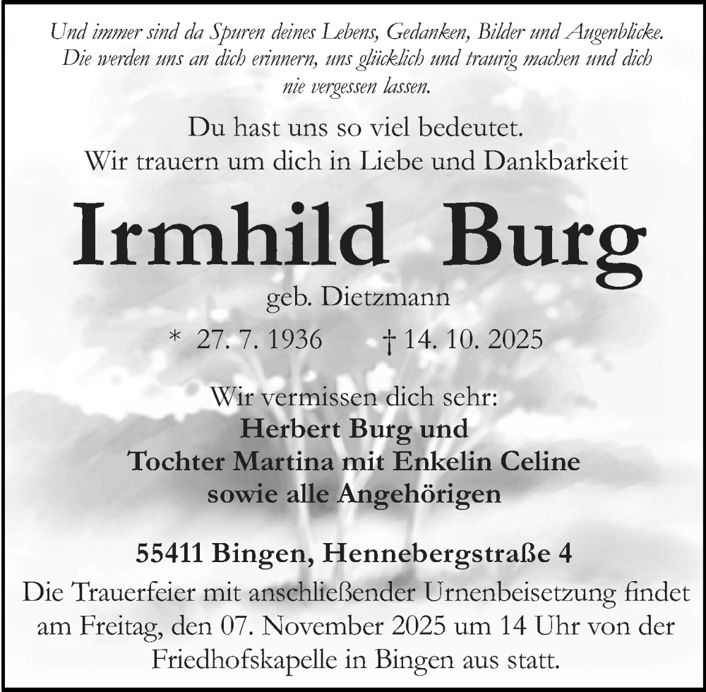  Traueranzeige für Irmhild Burg vom 25.10.2025 aus Allgemeine Zeitung Rheinhessen-Nahe