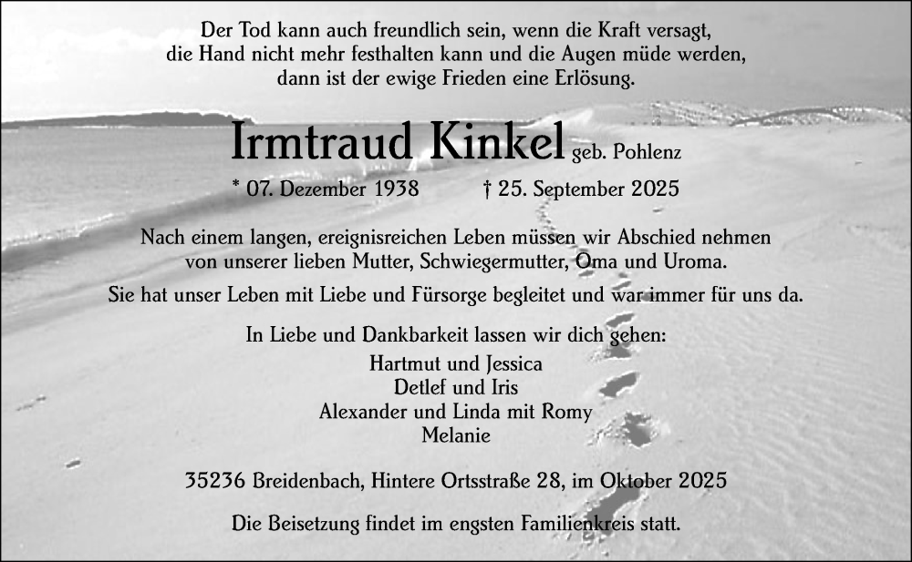  Traueranzeige für Irmtraud Kinkel vom 04.10.2025 aus Hinterländer Anzeiger