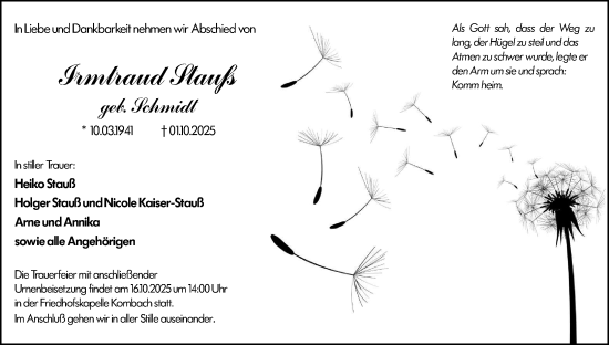 Traueranzeige von Irmtraud Stauß von Hinterländer Anzeiger