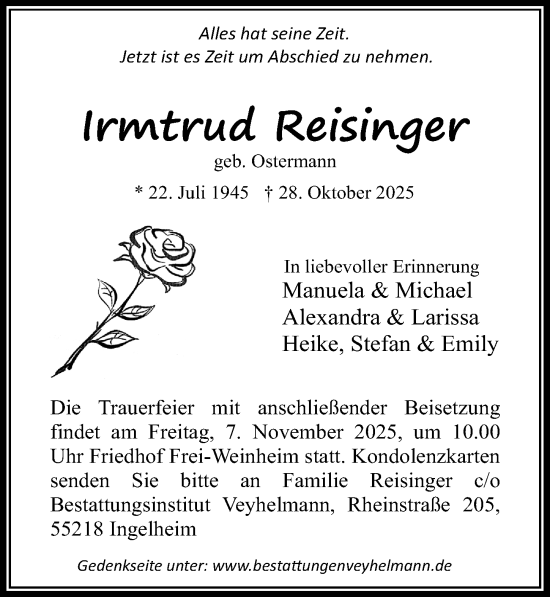 Traueranzeige von Irmtrud Reisinger von Allgemeine Zeitung Rheinhessen-Nahe