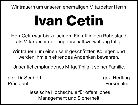 Traueranzeige von Ivan Cetin von Wiesbadener Kurier