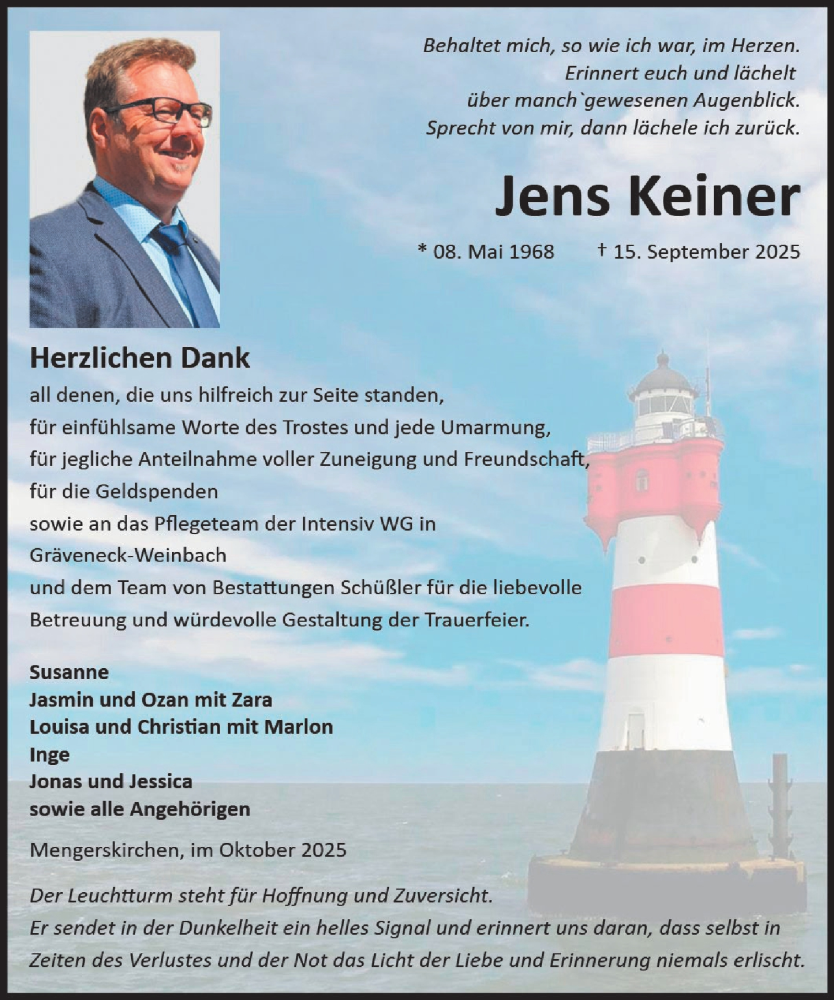  Traueranzeige für Jens Keiner vom 18.10.2025 aus Wetzlarer Neue Zeitung
