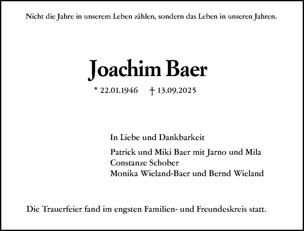  Traueranzeige für Joachim Baer vom 04.10.2025 aus Darmstädter Echo