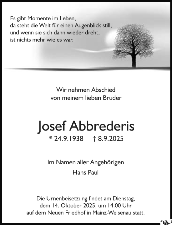 Traueranzeige von Josef Abbrederis von Allgemeine Zeitung Mainz