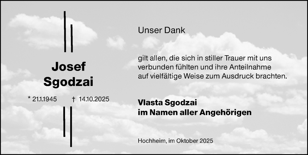  Traueranzeige für Josef Sgodzai vom 31.10.2025 aus Hochheimer Zeitung