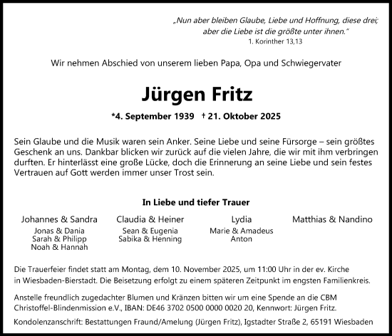Traueranzeige von Jürgen Fritz von Wiesbadener Kurier