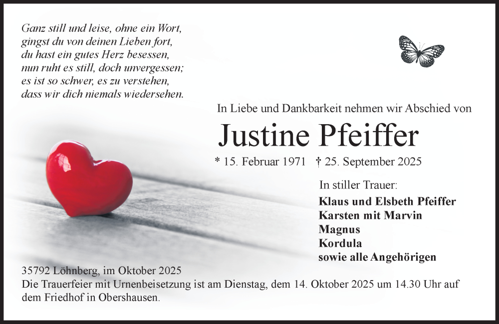  Traueranzeige für Justine Pfeiffer vom 04.10.2025 aus Weilburger Tageblatt