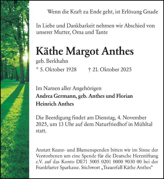 Traueranzeige von Käthe Margot Anthes von Darmstädter Echo