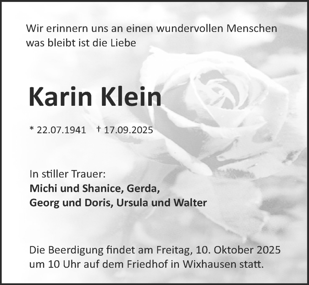  Traueranzeige für Karin Klein vom 04.10.2025 aus Darmstädter Echo