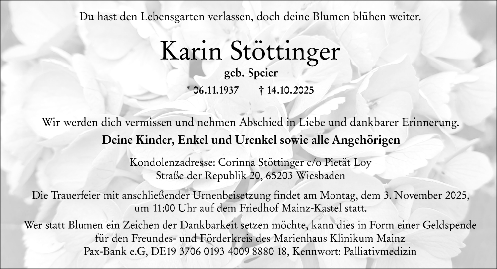  Traueranzeige für Karin Stöttinger vom 25.10.2025 aus Wiesbadener Kurier