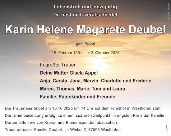 Traueranzeige von Karin Helene Magarete Deubel von Wormser Zeitung