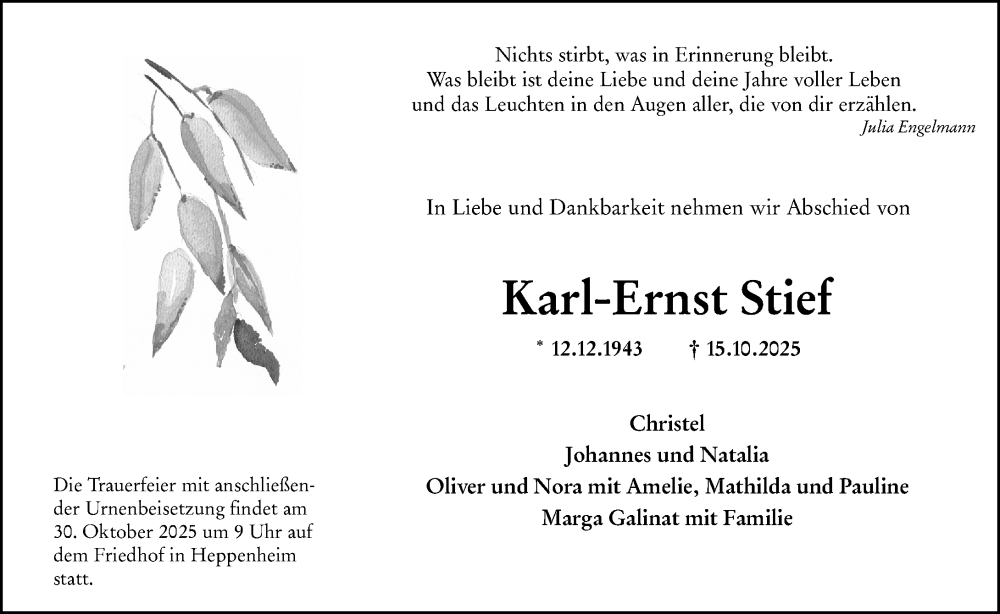 Traueranzeige für Karl-Ernst Stief vom 20.10.2025 aus Starkenburger Echo