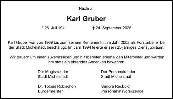 Traueranzeige von Karl Gruber von Odenwälder Echo