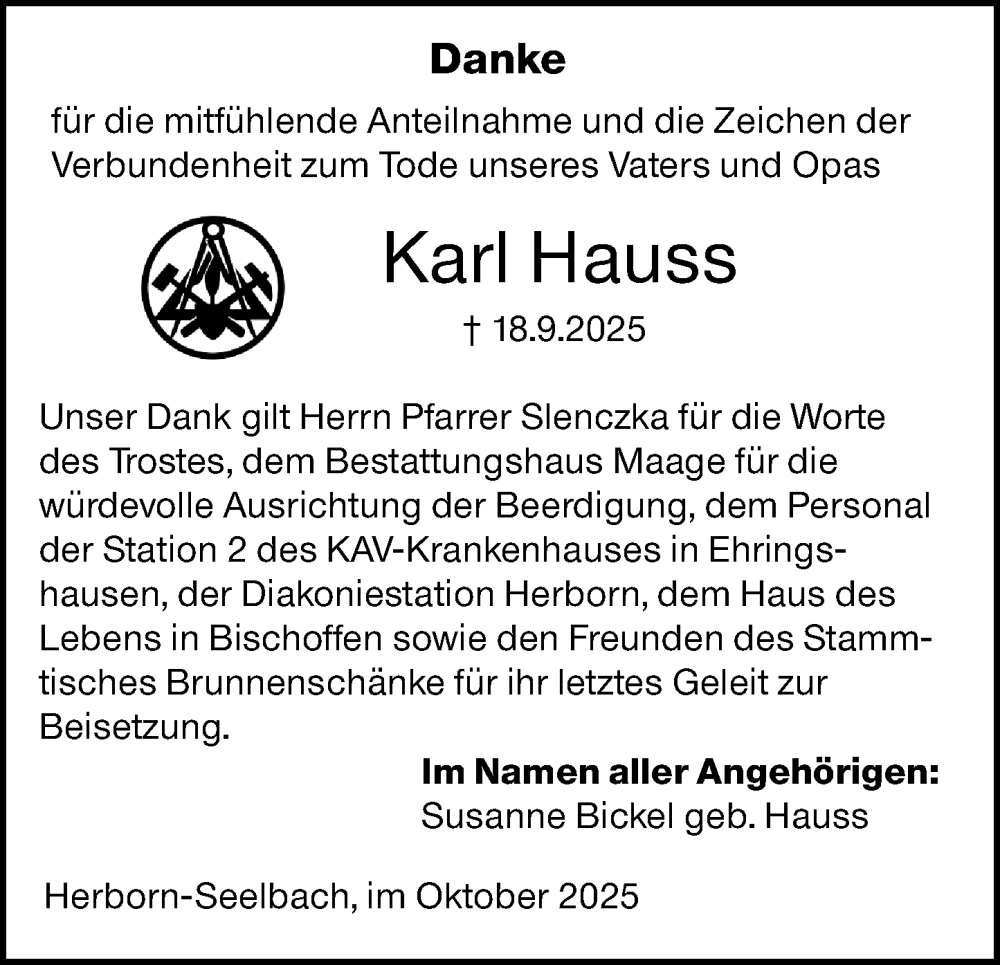  Traueranzeige für Karl Hauss vom 18.10.2025 aus Dill Block
