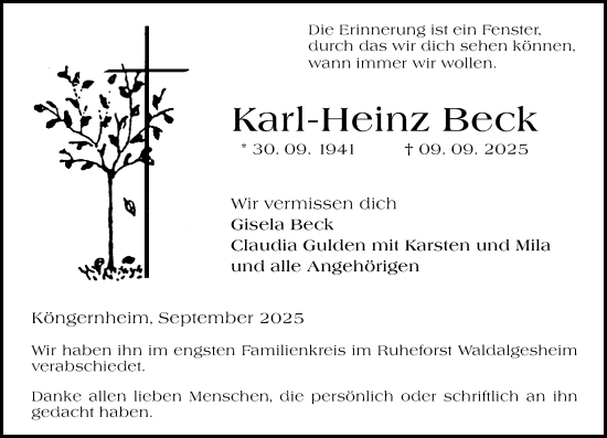 Traueranzeige von Karl-Heinz Beck von Allgemeine Zeitung Mainz