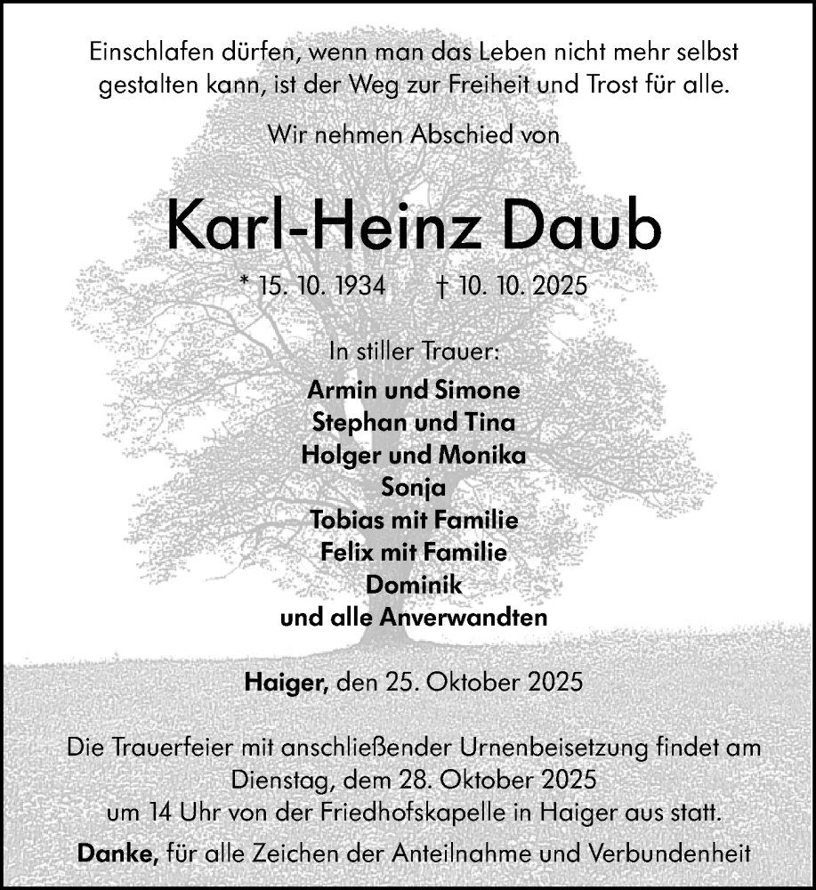  Traueranzeige für Karl-Heinz Daub vom 25.10.2025 aus Dill Block