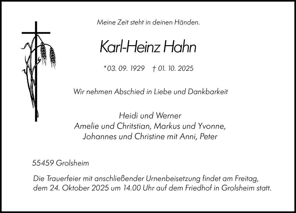  Traueranzeige für Karl-Heinz Hahn vom 18.10.2025 aus Binger-/Ingelheimer Wochenblatt