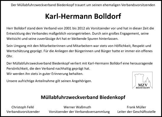 Traueranzeige von Karl-Hermann Bolldorf von Hinterländer Anzeiger