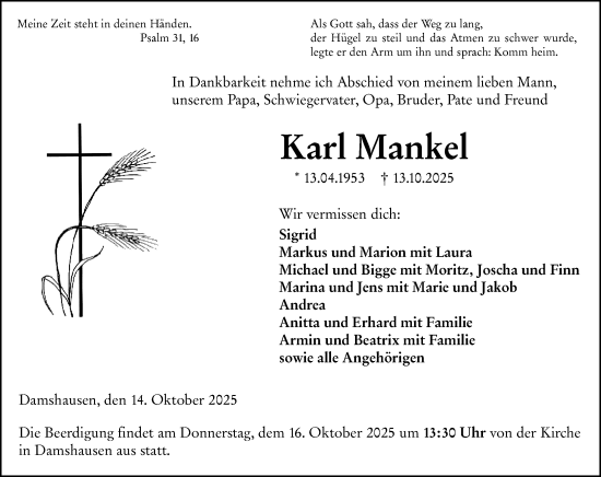 Traueranzeige von Karl Mankel von Hinterländer Anzeiger