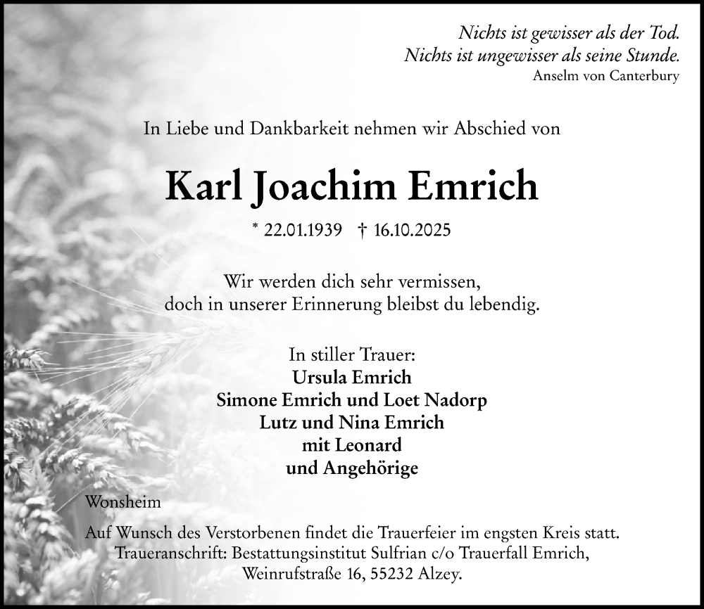  Traueranzeige für Karl Joachim Emrich vom 25.10.2025 aus Allgemeine Zeitung Alzey
