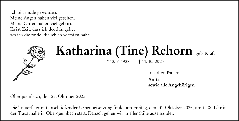  Traueranzeige für Katharina Rehorn vom 25.10.2025 aus Wetzlarer Neue Zeitung